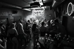 dans golv på en nedsliten sunkig techno club, många personer som dansar, yppiga kvinnor, scen rök och ljus strobes, svartvit bild, en del personer ser in i kameran och skriker: "Benny!" och en Neon Skylt med texten "DJ ROY" på väggen, DJ Roy skriker rätt in i kameran, öppen mun, mycket flaskor och glas i baren