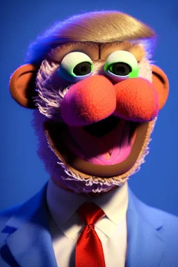 Waist up muppet Portrait, Donald trump as muppet doll, Blue suit, photo studio, blue background, unreal engine 5, concept art, art station, god lights, ray tracing, RTX, lumen lighting, ultra detail, volumetric lighting, 3d.