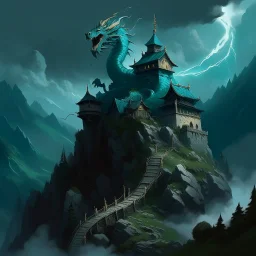 A dark teal Eastern castle on mountain with a lightning dragon painted by Xul Solar