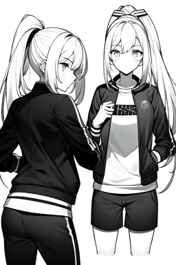 blonde girl with ponytails dressed in a jacket and shorts walks briskly, front view, greyscale