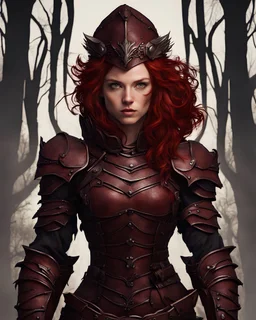 strong dark red haired woman adventurer fantasy leather armor