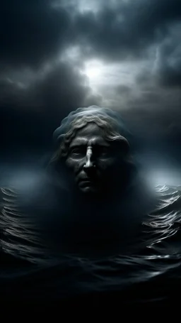 Mourning in dephts of ocean , a halo face with a smoky clouds in dark gloomy foggy background with very small dem light