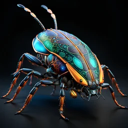 3D rendering of Expressively detailed and intricate of a hyperrealistic “beetle”: side view, scientific, single object, colorful neon, tribalism, black background, shamanism, cosmic fractals, octane render, 8k post-production, detailled metalic bones, dendritic, artstation: award-winning: professional portrait: atmospheric: commanding: fantastical: clarity: 16k: ultra quality: striking: brilliance: stunning colors: amazing depth