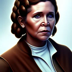 upper body photorealistic jedi carrie fisher in Star Wars, sharp brown eyes, photorealistic skin, dark brown jedi robe, cinematic lighting