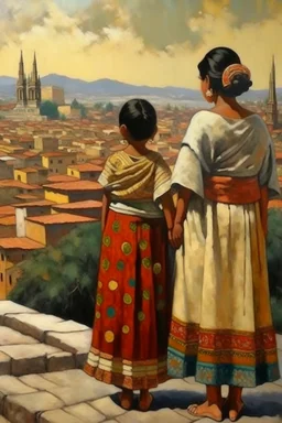 2 mexican woman painting neoclassism standing from the back whole body zoom out looking at a traditional mexican city with child