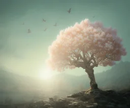 a beautiful digital painting of a marble tree entertwined in tumutluous clouds, intricate white branches and birds flying in the sunlight, blue sky at sunset, elegant, highly detailed, artstation, concept art, matte, sharp focus, art by tom bagshaw, kelogsloops and greg rutkowski