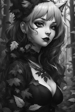 CAT GIRL, goth, forest, nature, cartoon, leaves, black and white hair, boobs, portrait