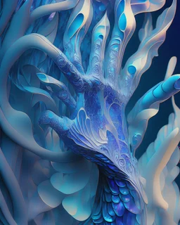 iridescent, scales, human hand, blues, textured, intricate, ornate, shadowed, pale muted colors, 3D, highly detailed, deco style, by Tim Burton, by Dale Chihuly, by Hsiao-Ron Cheng, by Cyril Rolando, by h. r. giger $plastic$ grid:true