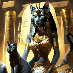 scene from Egyptian mythology. The cat goddess Bastet. She has the body of a woman and the head of a cat.