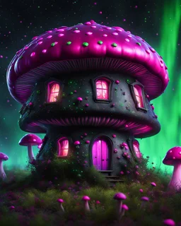 An illogical floating mushroom house on a clear moonless night. . Bright Bold Bright Colors, green pink white, Starry Dark cosmic interstellar. Detailed Matte Painting, deep color, fantastical, intricate detail, splash screen, hyperdetailed, insane depth, concept art, 8k resolution, trending on Artstation, Unreal Engine 5, color depth, backlit, splash art, dramatic, High Quality Whimsical Fun Imaginative Bubbly, perfect composition