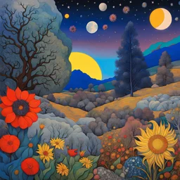 Colourful, peaceful, Max Ernst, Vincent Van Gogh, night sky filled with galaxies and stars, rocks, trees, flowers, one-line drawing, sharp focus, 8k, deep 3d field, ornate