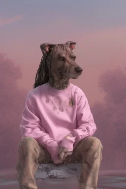 Snoop dogg sitting on a chair. pink houses, pink sky, pink smoke, moon, trees