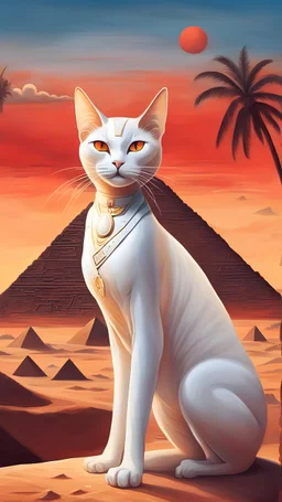 imagen de un gato blanco egipcio estilizado , con una atmosfera misteriosa, al atardecer rojo, de fondo las piramides de egipto al estilo surrealista de Salvador Dalí