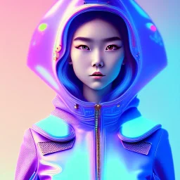 asian woman teenager, few freckles, padded coat, retro futuristic, latex dress, gradient color, BLUE, PINK, CYAN, neon, insanely detailed, 16k resolution, perfect eyes, cinematic smooth, intricate detail