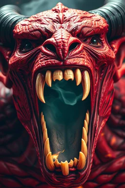 The devil opened his mouth wide like he is screaming , look at you ,red skin, scales, unreal engine 6, high detail, intricate, cinematic. photoshoot style, intricate, studio lighting, masterpiece , highly detailed, 8k, best quality, fire, smoke, dramatic,d,<lora:mshn:0.7>,<lyco:Warrior_Couture:0.5>,