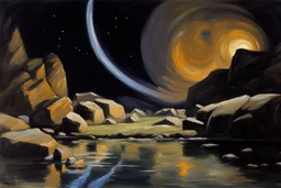 Rocks, night, 2000's sci-fi movies influence, alfred munnings impressionism painting