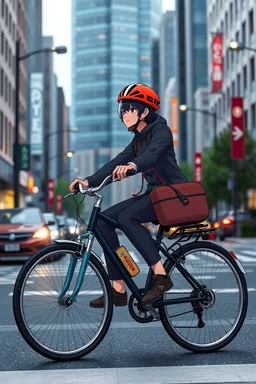 a full body anime driving bicycle in modern city street, no safty hat