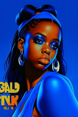 Create an eye-catching, nostalgic album cover for Gisèle's "Bad News." Gisèle, a 23-year-old European artist, blends mystery and joy. Embrace an '80s-inspired aesthetic with prominent petrol blue typography for "Bad News" and "Gisèle." Incorporate intricate, surrealistic eyes, akin to Little Simz's style. Infuse a playful, edgy feel to mirror the song's sarcasm while maintaining a joyful vibe.