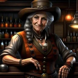 wild west old female barkeep grimdark realistic