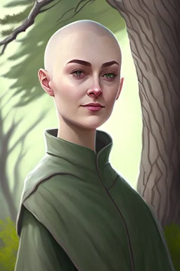 full color portrait drawing, portrait, fantasy setting, 22-year old female human cleric, shaved head, light eyebrows, grey eyes, background yew tree