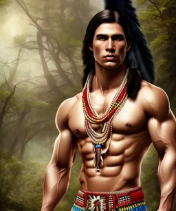 native american warrior, long black hair, big muscles, big half circular chest fabric piece