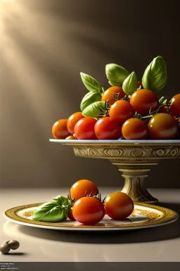 Italian Renaissance style still life consisting of a plate of Italian ravioli with natural cherry tomato and basil accompanied by olives, moisture ambient, natural ornaments, ceramic, marble, high kitchen, smooth, god rays, unreal engine 5, ray tracing, RTX, lumen lighting, ultra detail, volumetric lighting, 3d.