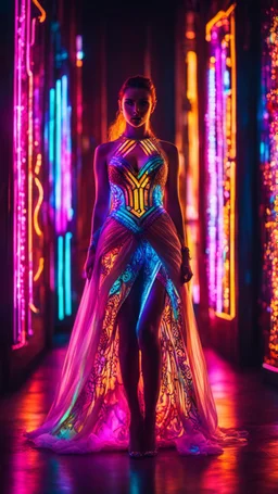 Photography Beautiful woman with dress art neons glowing bright light in the dark and colorful details