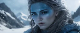 Photoreal gorgeous scaled triton ranger woman with blue scaled blue skin in an ice covered mountain landscape snowing at night by lee jeffries, otherworldly creature, in the style of fantasy movies, photorealistic, bokeh masterpiece smooth shading, ultra detailed, high resolution, cinematic, unreal 6, subtle shadows, octane render, 8k, cinema 4d, HDR, dust effect, vivid colors