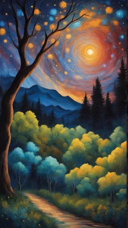 Painting of the night sky with stars and trees, colorful night sky, starry night painting, magical forest background, night background, vibrant painting, atmospheric dream painting, night sky background, colorful painting, colorful stars, Beautiful paint art, dream landscape art, beautiful painting, oil painting, oil painting on canvas, inspired by Vincent Van Gogh