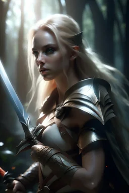 pretty woman, warrior, elf, blonde hair, fantasy, Skyrim, conventionally attractive, fighter, sword, elder scrolls, young, maternal, 3d render, cinematic, conceptual art, poster