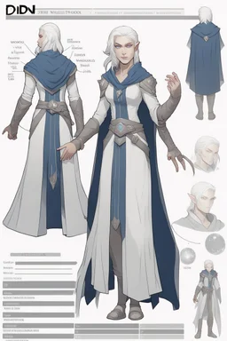 Dnd character sheet, full body. A female Moonelf twilight cleric with white hair and dark blue eyes, wearing gray robes. Etheral, muscular, beautiful