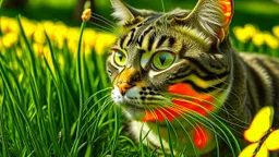 Funny cat in the grass with butterfly on his nose