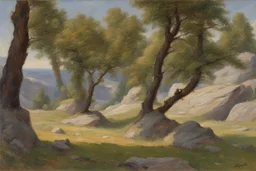 summer, trees, rocks, space and philosophic influence, ludwig dettman and friedrich eckenfelder impressionism painting