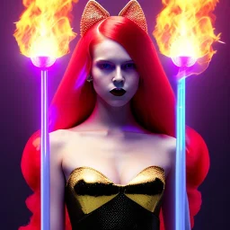 Attractive young teenage girl with golden fire red hair wearing a galactic tiara, who is dressed like a witch casting a spell with quarterstaff, she has cat ears and open dazzling blue eyes, has a normal nose, background is realistic space, the girl is on a planet, black goth girl dress, full body portrait, arm colors gradient effect into stars, rendered, unity 3d, unreal engine, dslr, hdr, 4k, edited, photorealistic, normal number of appendages, freckles, artists rendered