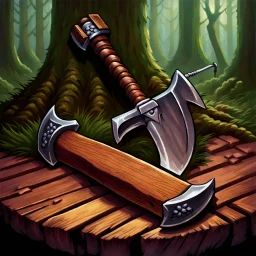 90's TCG fantasy artwork art of an axe in a chopping block