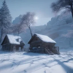  small winter art house in montains isolated , coverd in snow 8k portait