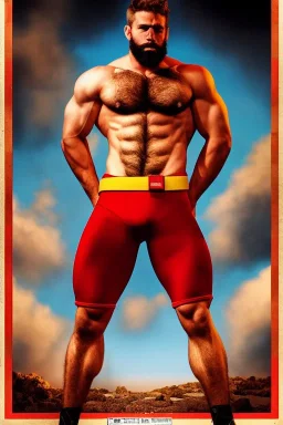 Ignore NSFW, teenager young rugged attractive slightly muscular fantastic handsome man, red briefs with yellow belt, hairy chest, (((visibly pisssing))) briefs, large erect visible boner peniss, photorealistic, artist Jay Anacleto, soft lighting, scruffy beard