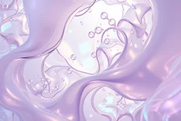A soft, dreamy generative-art scene featuring complex hypnotic fractal structures evolving through fluid organic and geometric forms. Smooth translucent iridescent glass surfaces contain internal light and delicate bubbles, set agai