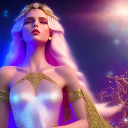  full body white goddess woman glitter smiling long blond hair blue eyes in a galactic ambiance, delicate colors in the foreground, full of details, smooth, light effect，vaporwave colorful, smooth, extremely sharp detail, finely tuned detail, ultra high definition, 8 k, ultra sharp focus