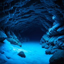 a dark frozen underwater cave, ice crystals