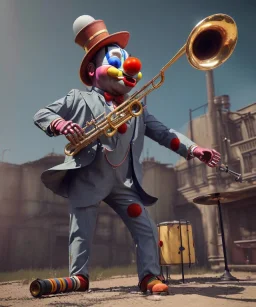 mechanoid happy friendly fat clown playing jazz with a steampunk theme, trumpet, realistic