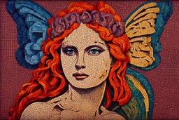 colorful psychedelic painting of ancient god psyche depicted in ancient mosaic art as a butterfly-winged woman brushing her hair by andy warhol