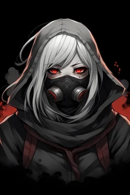 A drawing of a witch girl with a white hair and red eyes, wearing gas mask and black robe