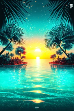 Luxury Tropical House album cover, award-winning music artwork, crystal-clear turquoise ocean merging into an endless horizon beneath a radiant golden sunset. Exotic palm trees illuminated by soft neon cyan and coral lights sway in the warm breeze. Glowing particles drift through the air like fragments of melody, creating a magical atmosphere. Elegant reflections dance across the water surface, while subtle geometric patterns inspired by electronic music production are integrated into the enviro