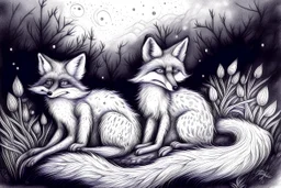 twilight descends, sly and clever foxes and their nocturnal adventures - Pencil drawing.