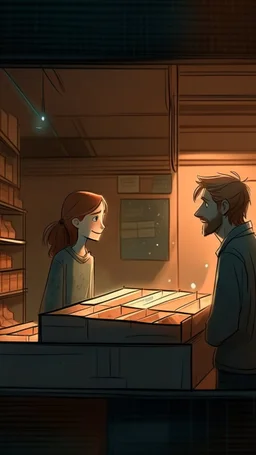 The picture shows a fateful moment in the store, where Emma cautiously steps into the dark space, focusing her gaze on the seller who is talking about the mysterious box. The seller has a mysterious smile on his face, reflecting a warning hidden behind his words. Scattered lights cast dim rays on Emma's face, on which curiosity mixed with anxiety is reflected. The box itself appears in the background of the shot, as an ancient masterpiece hiding in its depths secrets about which little is known.