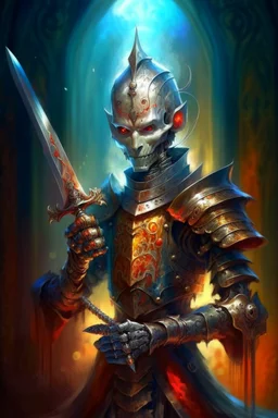 book illustration, oil painting portrait of slightly knightly smirking robot vampire holding magical dagger, bokeh , high detail, smooth render, prize winning