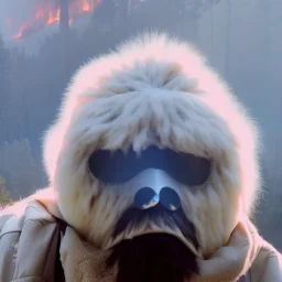 subject = (Yeti in a mask) background = (wildfires, mountains, fires, smoke, disaster)