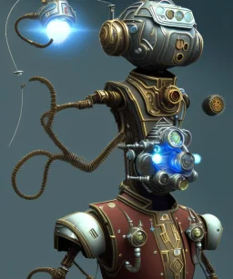 evil mechanoid person with a steampunk theme, realistic