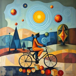 create a surreal cubist-fantasy painting blending Dalí, Van Gogh, Miró, Chagall, and Picasso, with three non-human geometric figures riding a bicycle, abstract landscape of triangular trees and floating circles, segmented sun glowing in the sky, textures combining surreal dreamlike colors, swirling brushstrokes, ornamental details, and cubist geometry --ar 16:9 --v 7 --style 4b --q 2
